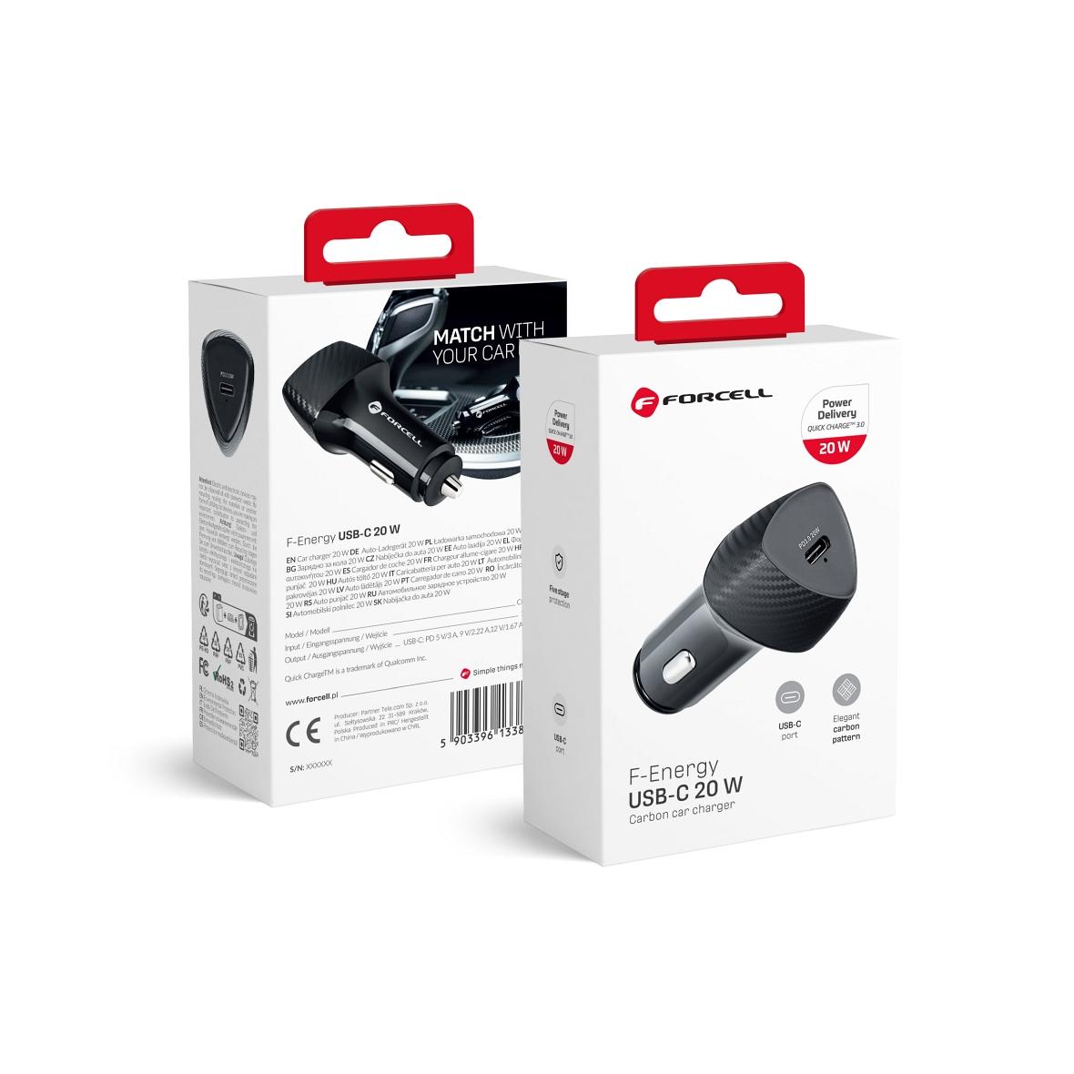 Ładowarka samochodowa Forcell F-Energy Carbon USB C QC3.0 PD 3A 20W CC50-1C czarna