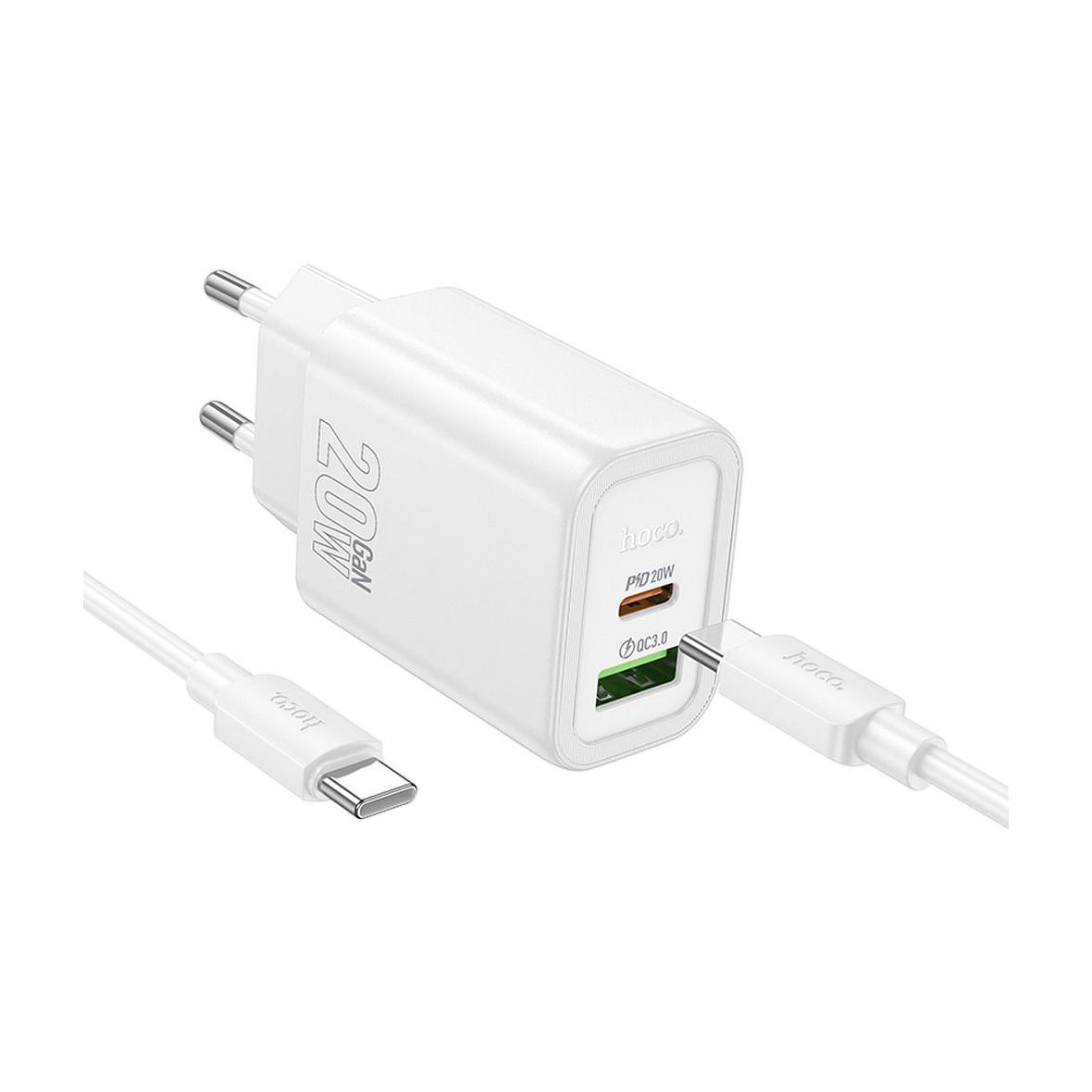 Ładowarka sieciowa do telefonu Hoco USB A + USB C QC3.0 PD 3A 20W + kabel USB C do USB C N61 biała
