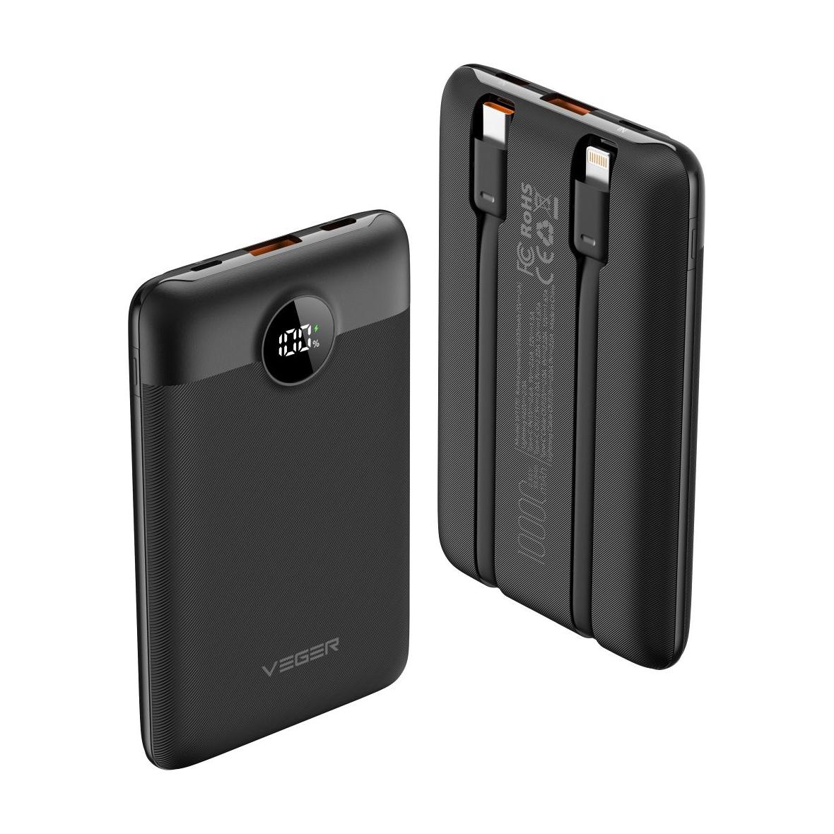 Powerbank Veger C11 (W1170) PD QC3.0 2A 22,5W 10000 mAh z wbudowanymi kablami USB C / Lightning czarny 0INT