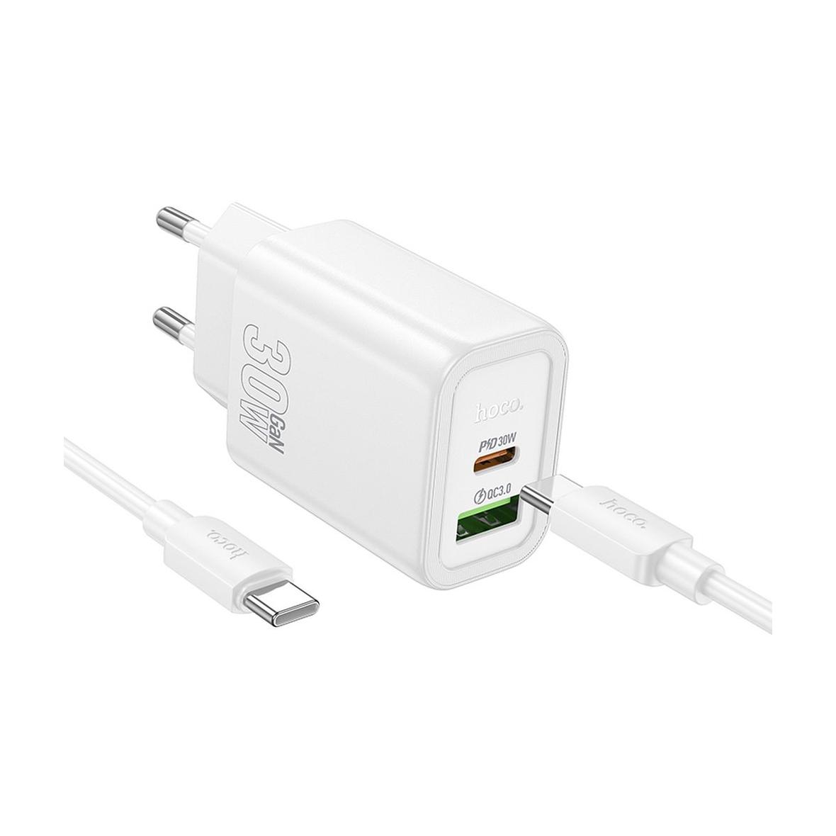 Ładowarka sieciowa do telefonu Hoco USB A + USB C QC3.0 PD 3A 30W + kabel USB C do USB C N63 biała