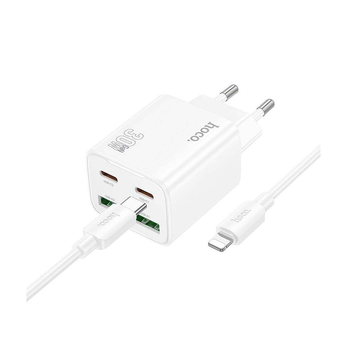Ładowarka sieciowa do telefonu Hoco 2 x USB C + 2 x USB A QC3.0 PD 3A 30W + kabel USB C do Lightning N56 biała