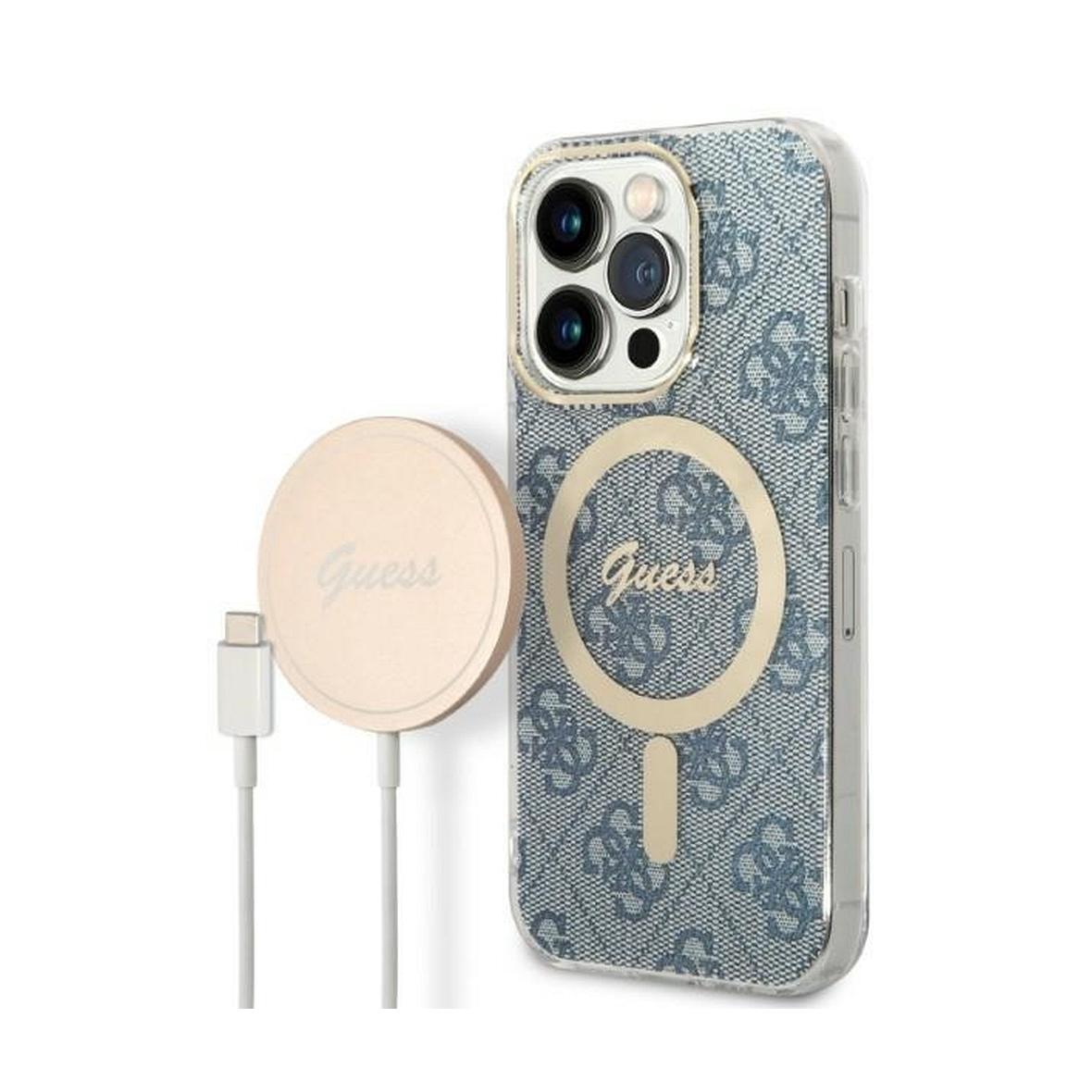 GUESS zestaw do IPHONE 14 Pro kompatybilny z MagSafe GUBPP14LH4EACSB (Bundle Pack / Case + Charger / 4G) złoty niebieski