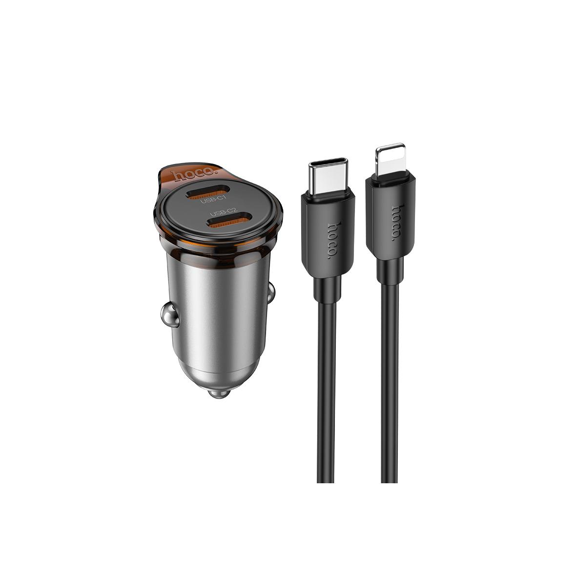 Ładowarka samochodowa Hoco 2 x USB C QC PD 45W + kabel USB C do Lightnning NZ16B szara