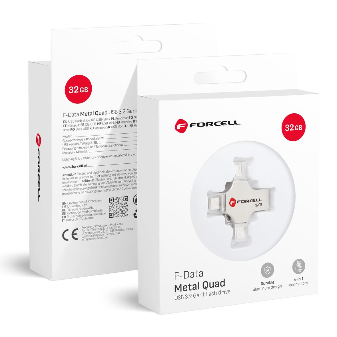 Pendrive 32GB USB 3.2 Gen 1 (USB A / USB C / Lightning / Micro USB) Forcell F-Data Metal Quad srebrny