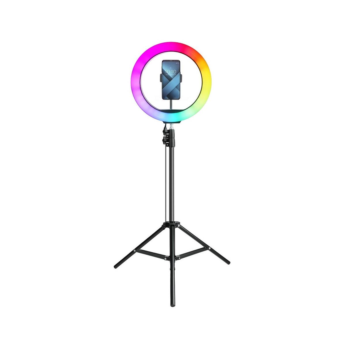 Lampa LED Ring Stream RGB pierścieniowa 12" FULL COLOR z uchwytem na telefon + statyw czarna