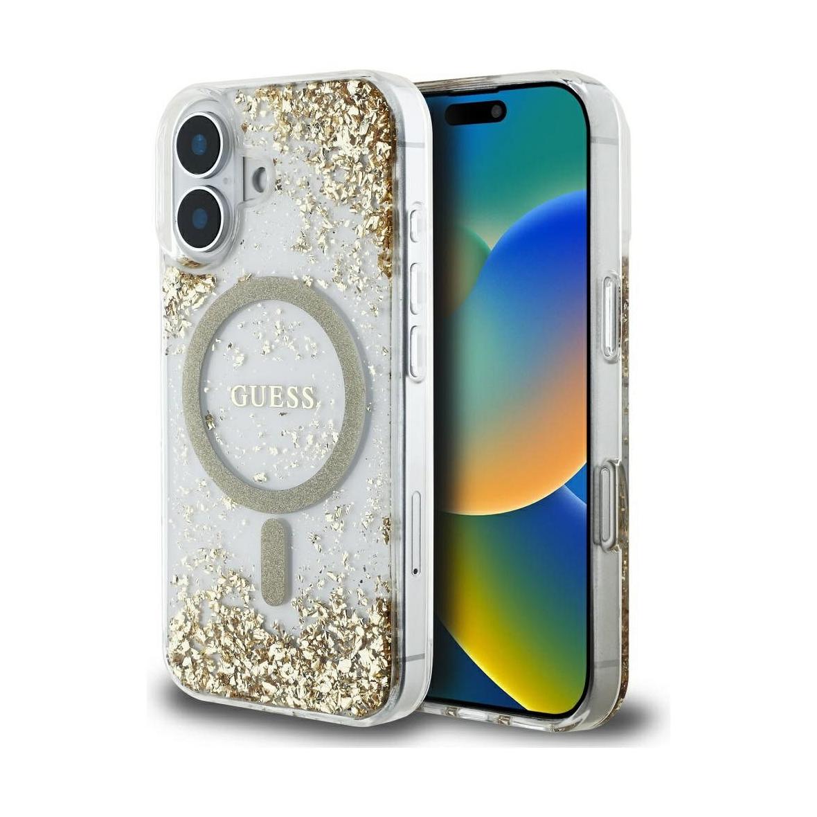 GUESS futerał do IPHONE 16 kompatybilny z MagSafe GUHMP16SRGRGED (Resin Bottom Glitter) złoty