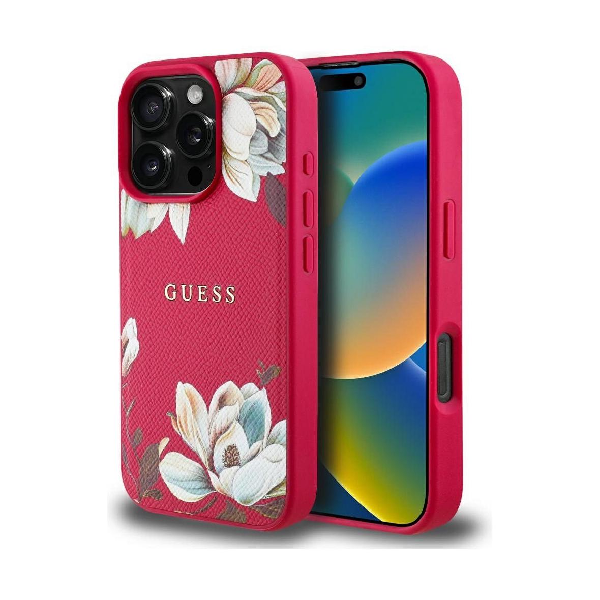 GUESS futerał do IPHONE 16 Pro Max kompatybilny z MagSafe GUHMP16XPGNMPLMF (PU Grained Flowers Classic Logo) fuksja
