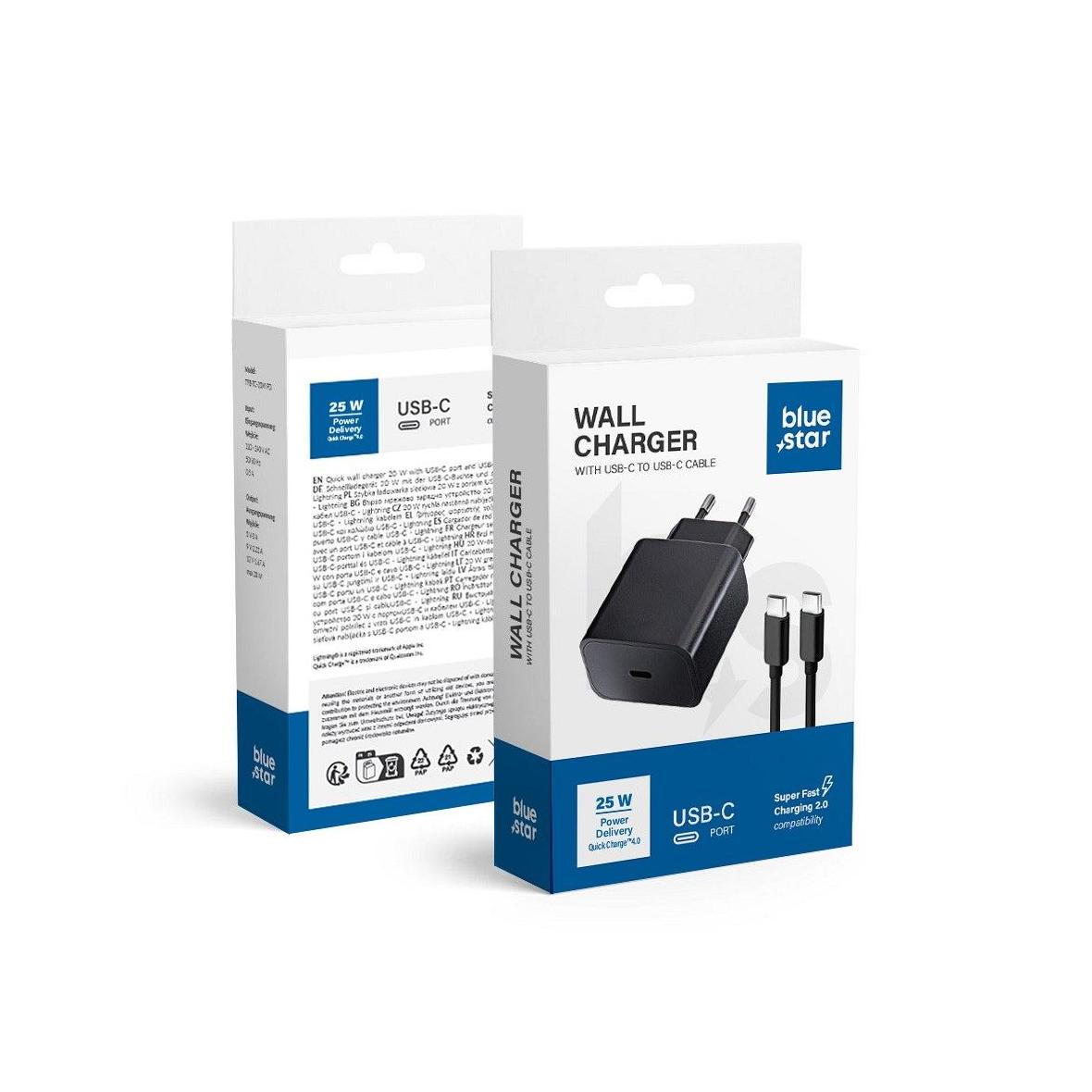 Ładowarka sieciowa do telefonu Blue Star USB C QC4.0 PD 3A 25W + kabel USB C do USB C TFB-TC-25WPD czarna