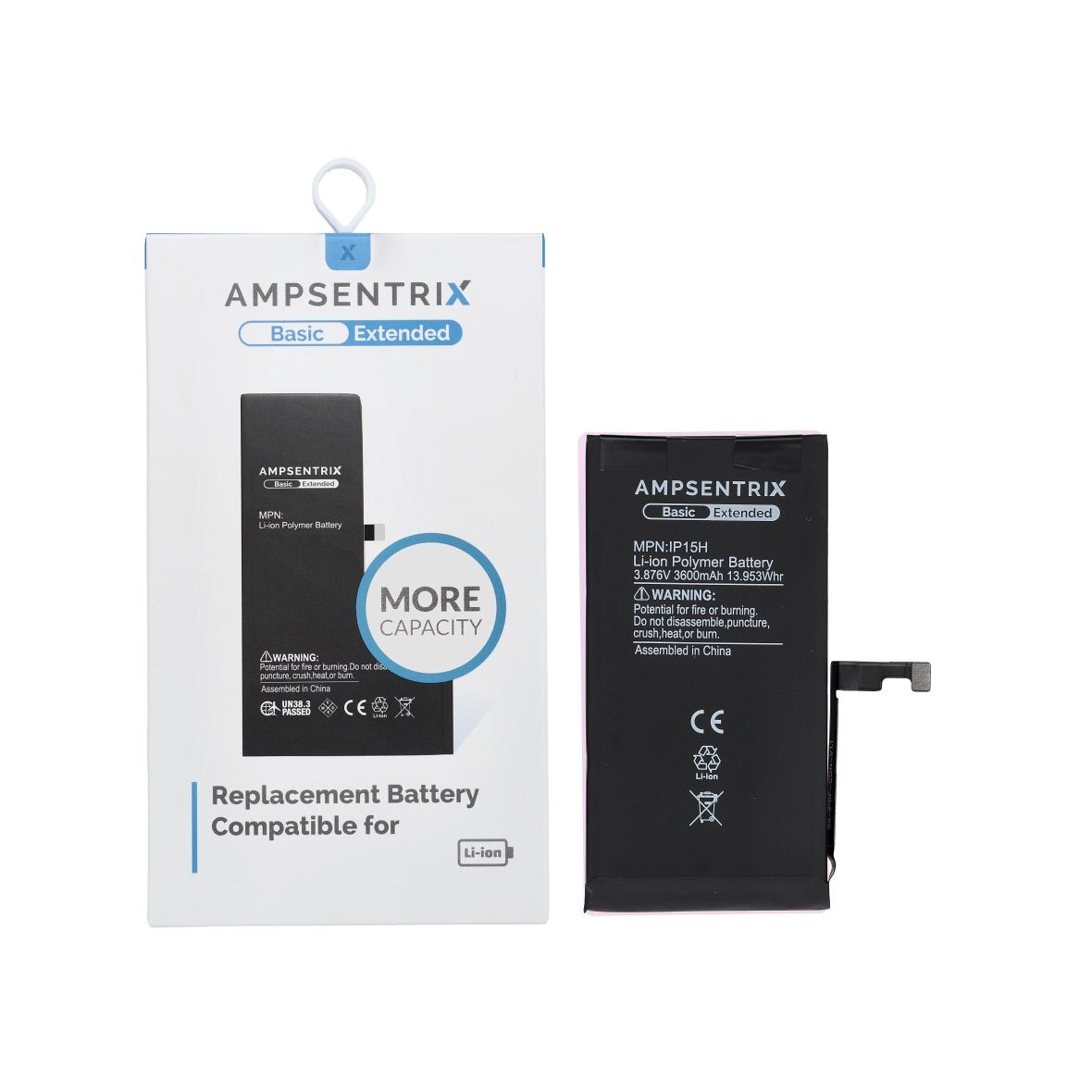 AmpSentrix Basic bateria do iPhone 15 (zwiększona pojemność 3600 mAh)