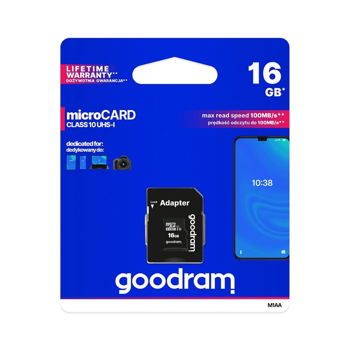 GOODRAM karta pamięci microSD 16GB 100MB/s class 10 UHS I z adapterem SD