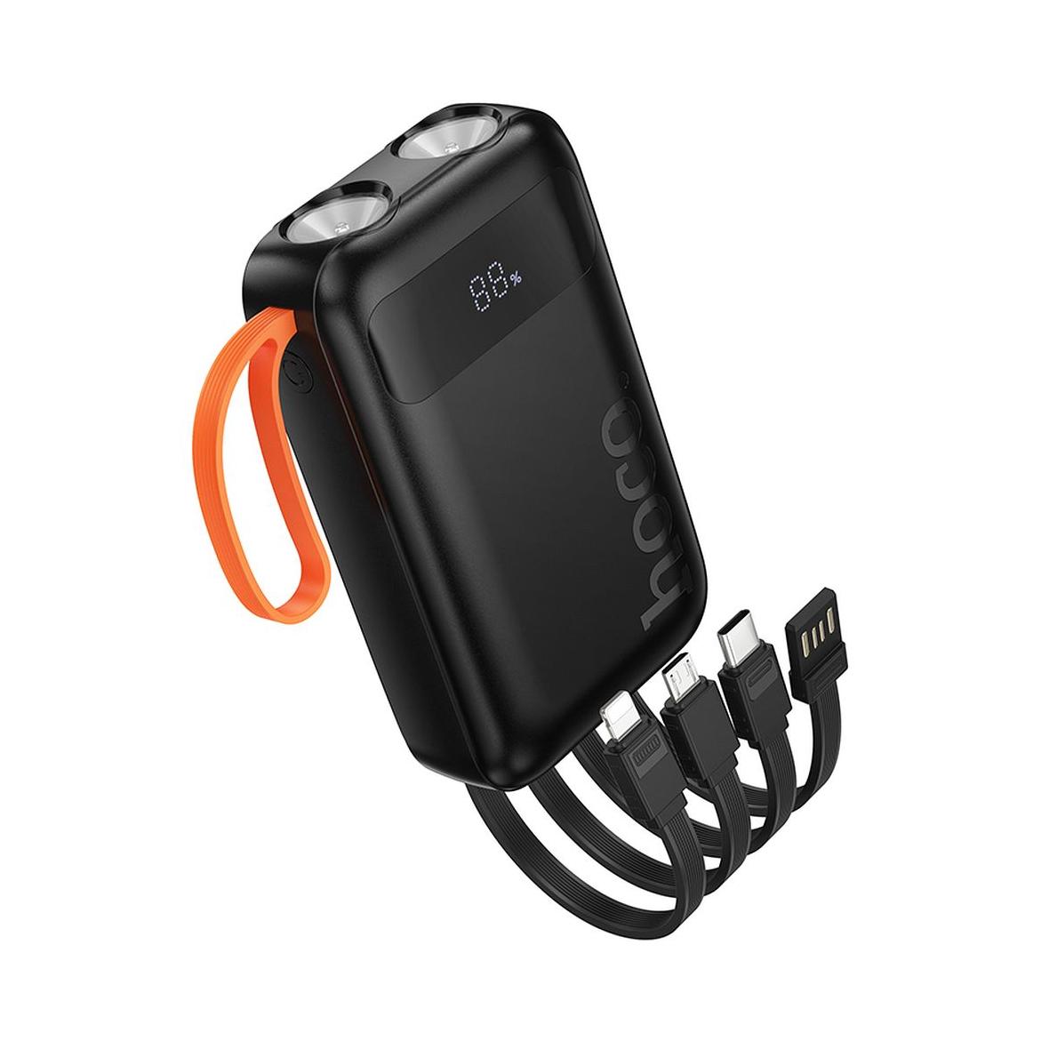 Powerbank Hoco 10000 mAh 2A z wbudowanymi kablami USB A + USB C + Lightning + Micro USB oraz podwójną latarką J151 czarny
