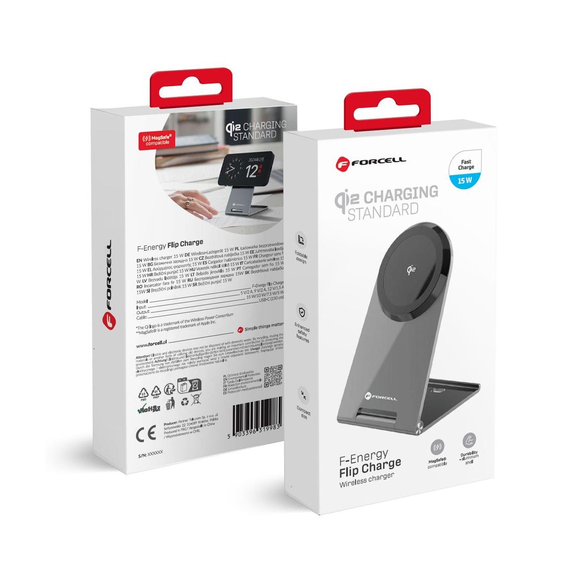 Ładowarka indukcyjna Forcell F-Energy FLIP Charge USB C Qi2 15W zgodna z MagSafe srebrna 0INT