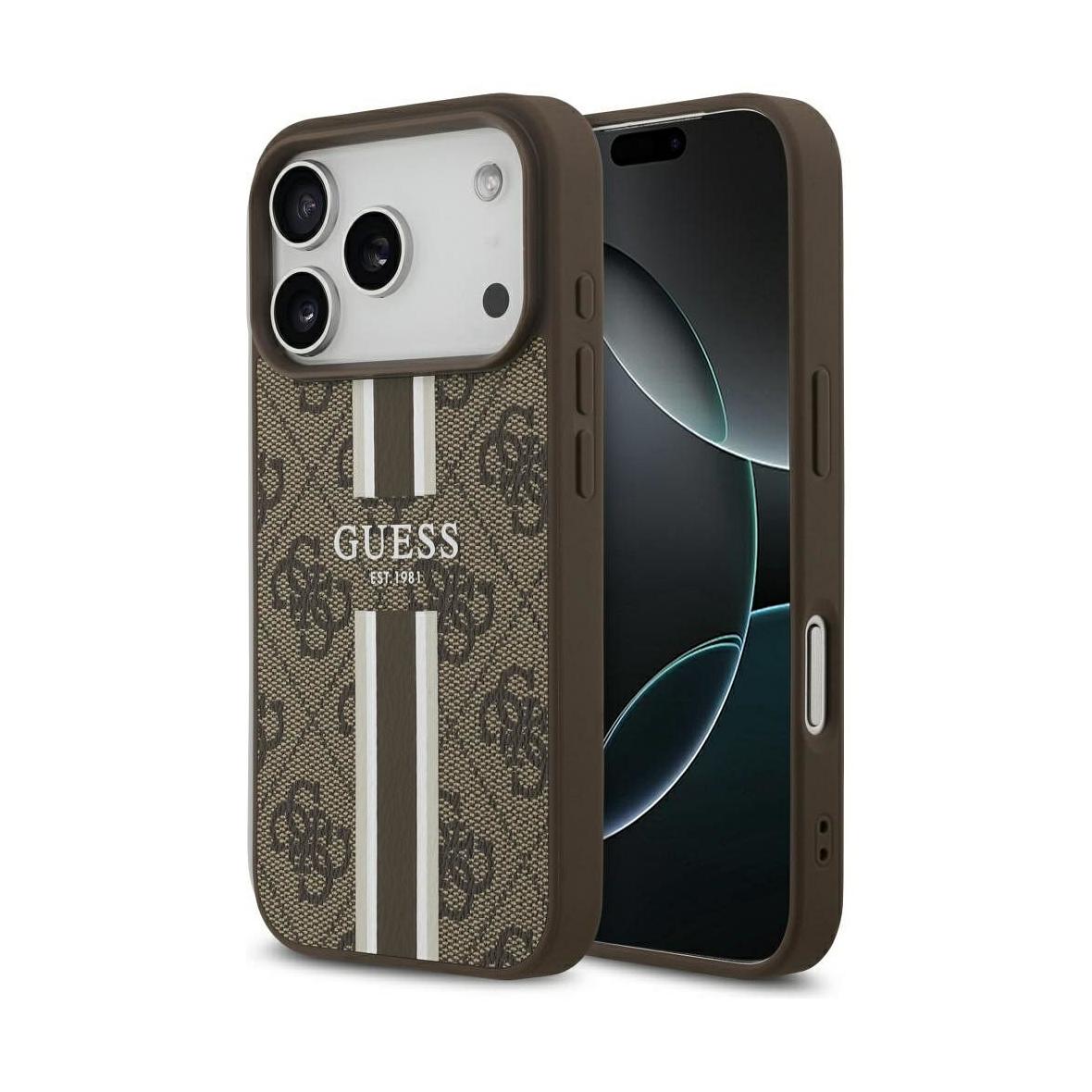 GUESS futerał do IPHONE 17 Pro kompatybilny z MagSafe GUHMP17LP4RPSW (4G Printed Stripes) brązowy