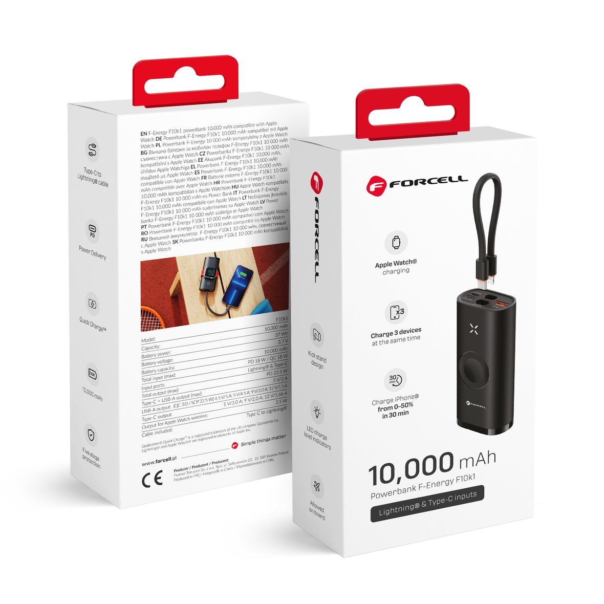 Powerbank Forcell F-Energy F10k1 PD QC3.0 5A 22,5W 10000 mAh kompatybilny z Apple Watch czarny