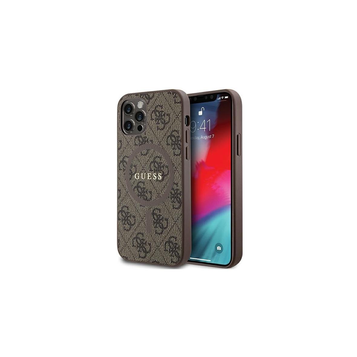 GUESS futerał do IPHONE 12 / 12 Pro kompatybilny z MagSafe GUHMP12MG4GFRW (4G Ring classic logo) brązowy