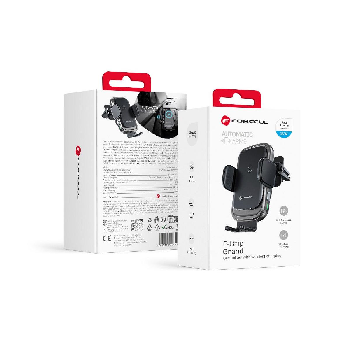 Uchwyt na telefon do samochodu indukcyjny Forcell F-Grip Grand F-24 15W do kratki srebrny
