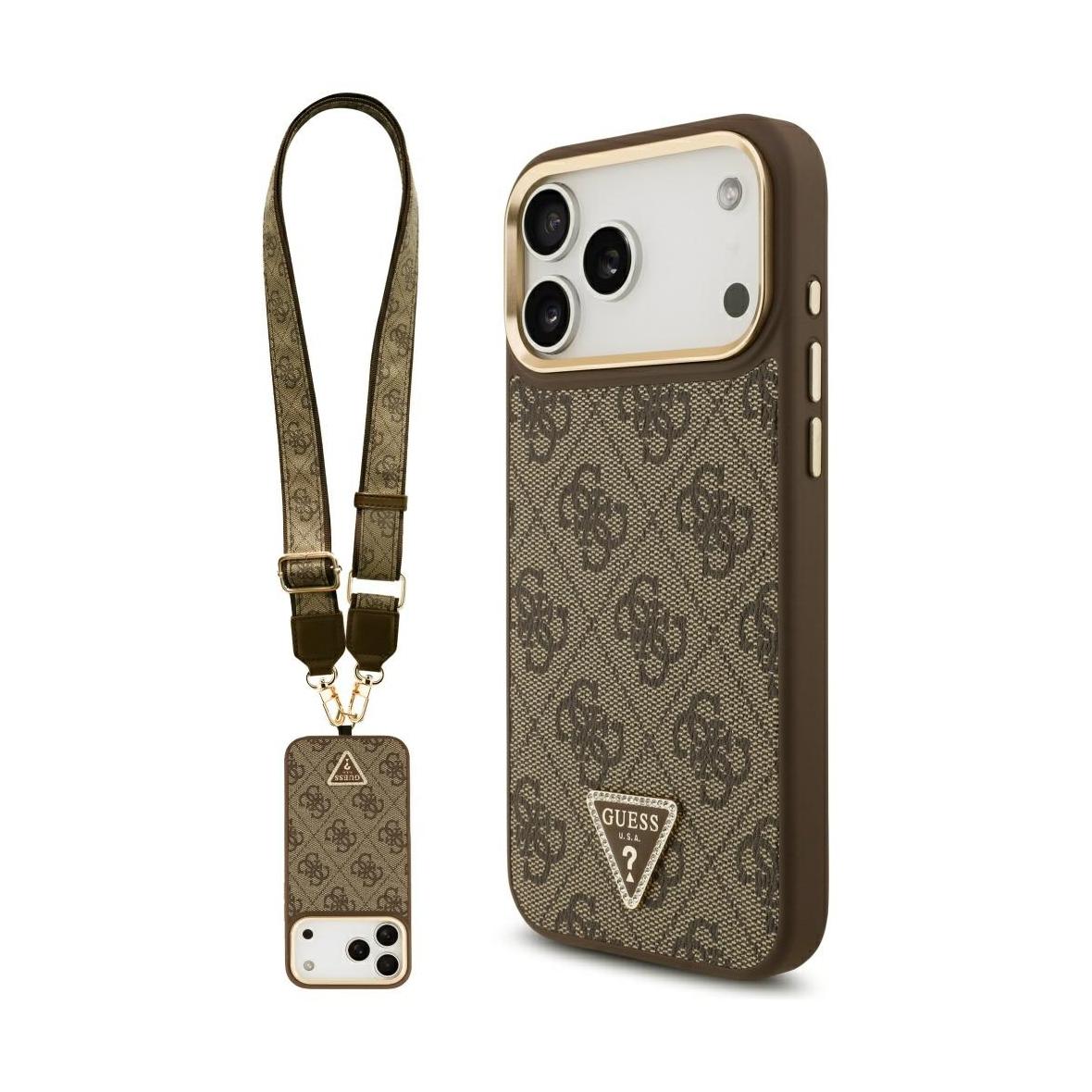 GUESS futerał do IPHONE 17 Pro Max kompatybilny z MagSafe GUHMP17XP4G4TCSW (PU W/ Triangle Logo & Big Strap Metal Buttons) brązowy