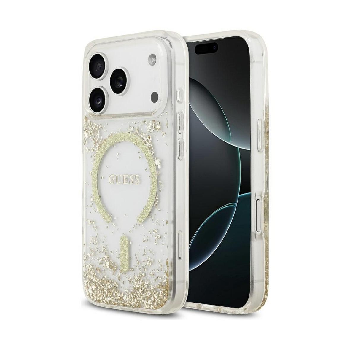 GUESS futerał do IPHONE 17 Pro kompatybilny z MagSafe GUHMP17LRGRGED (Resin Bottom Glitter) złoty