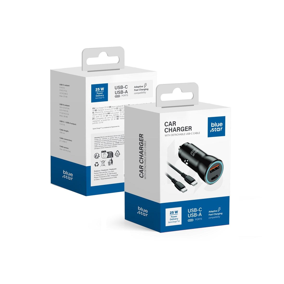 Ładowarka samochodowa Blue Star USB C + USB A QC3.0 PD AFC PPS 3A 25W + kabel USB C do USB C czarna