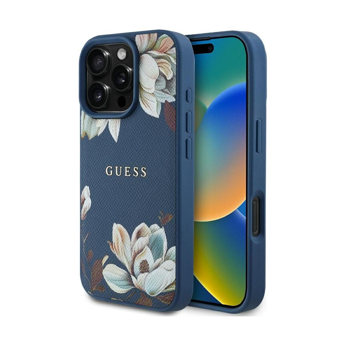 GUESS futerał do IPHONE 16 Pro kompatybilny z MagSafe GUHMP16LPGNMPLMB (PU Grained Flowers Classic Logo) niebieski