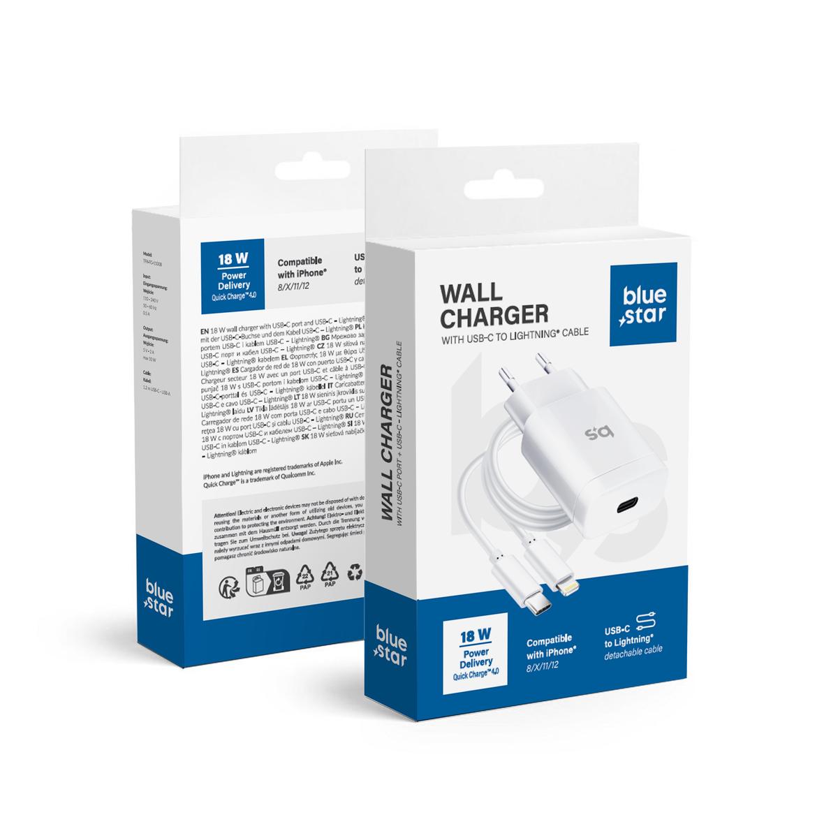 Ładowarka sieciowa do telefonu Blue Star USB C QC4.0 PD 3A 18W + kabel USB C do Lightning TFK-TC-1099C biała