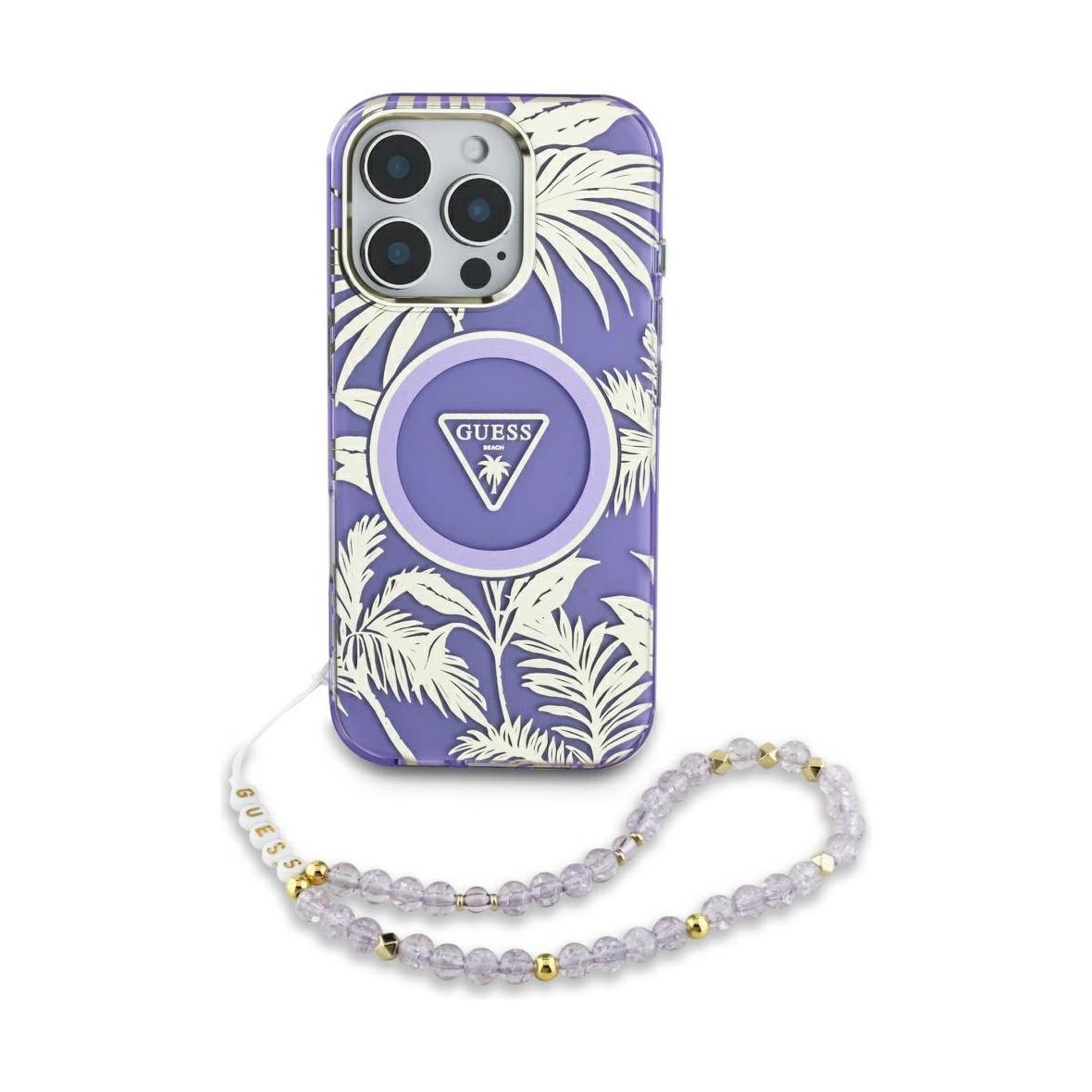GUESS futerał do IPHONE 16 kompatybilny z MagSafe GUHMP16SHPCTPLSU (IML Palm Trees Triangle W/ Pearl Strap) fioletowy