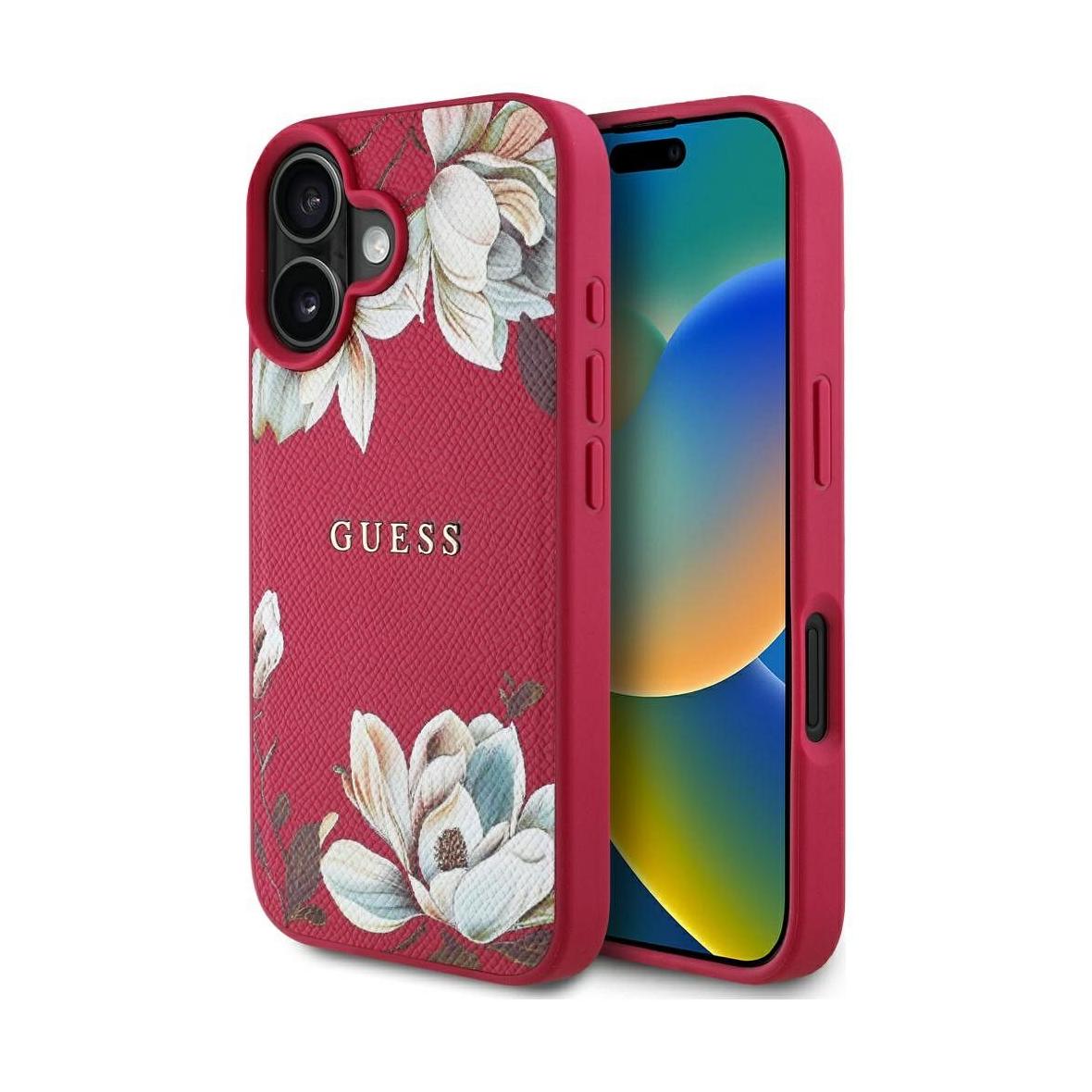 GUESS futerał do IPHONE 16 kompatybilny z MagSafe GUHMP16SPGNMPLMF (PU Grained Flowers Classic Logo) fuksja