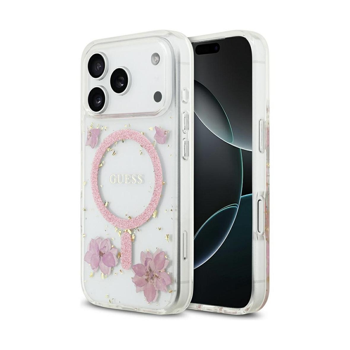GUESS futerał do IPHONE 17 Pro kompatybilny z MagSafe GUHMP17LRBFGFGMP (Resin Flowers and Glitter) różowy