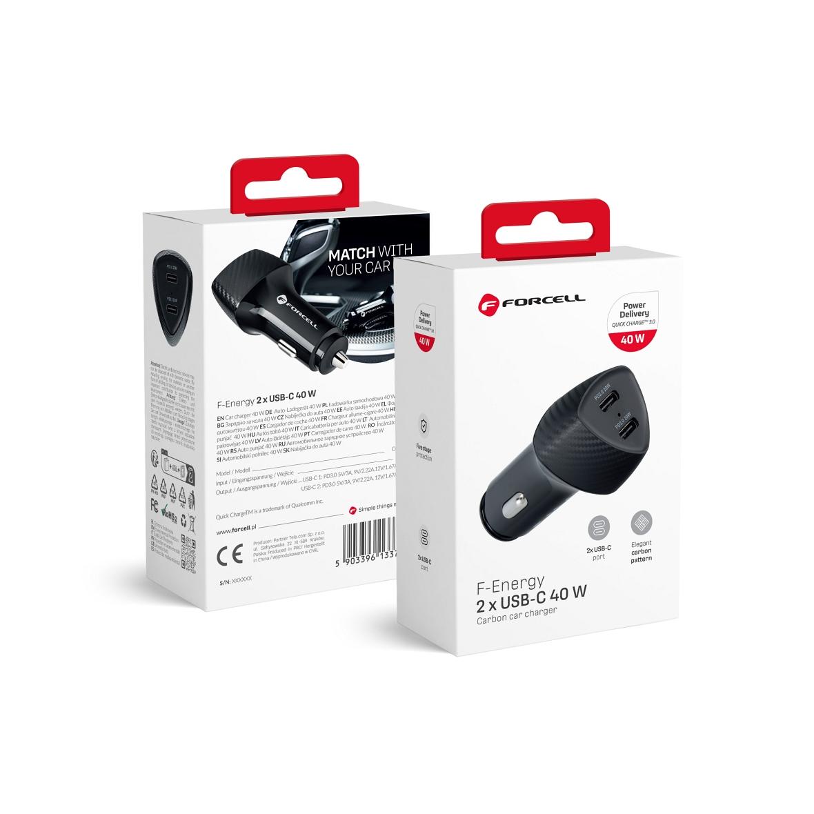 Ładowarka samochodowa Forcell F-Energy Carbon 2 x USB C QC3.0 PD 3A 40W CC50-2C czarna