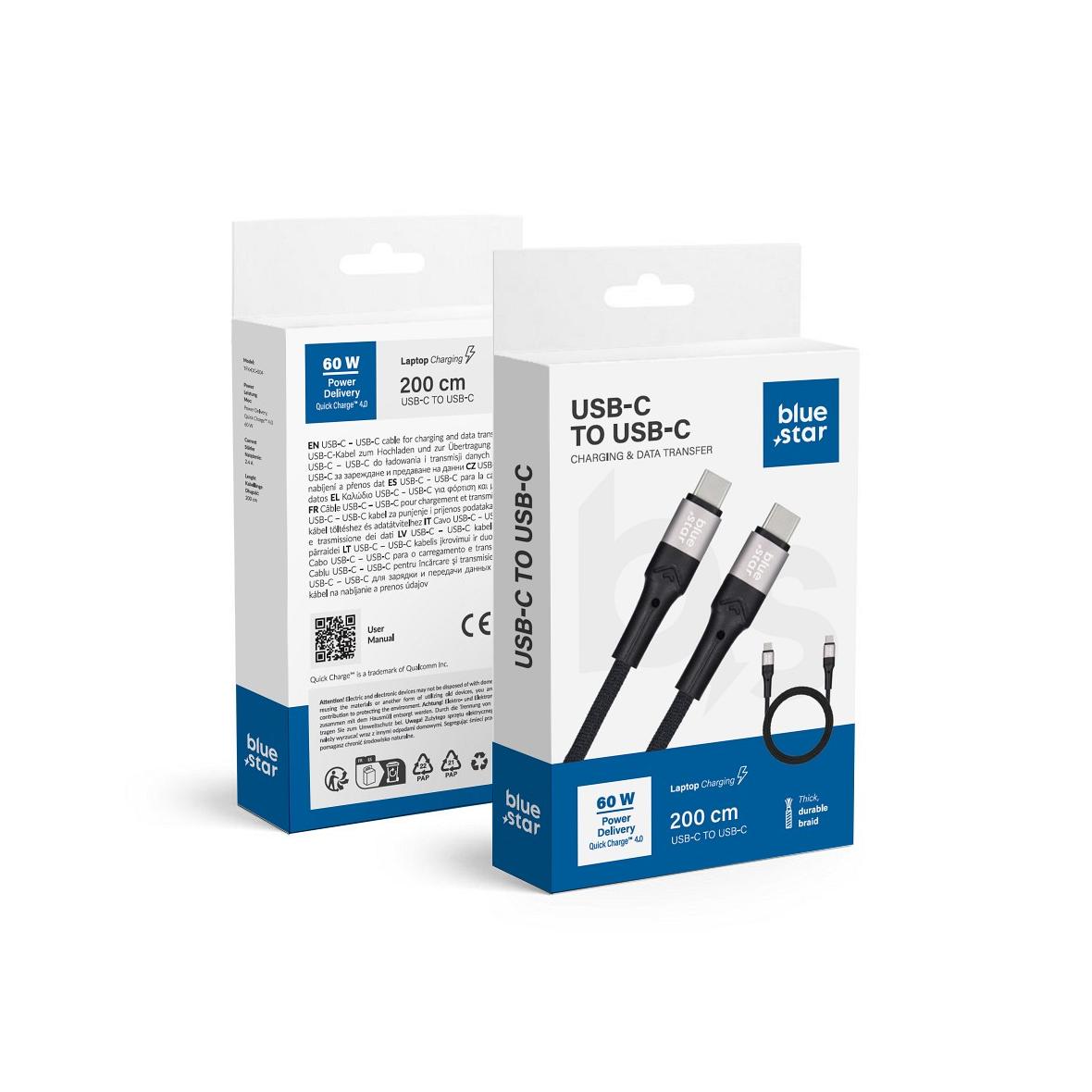 Kabel USB C do USB C Blue Star 3A 60W PD QC4.0 z oplotem 2 m TFK-DC-004 czarny
