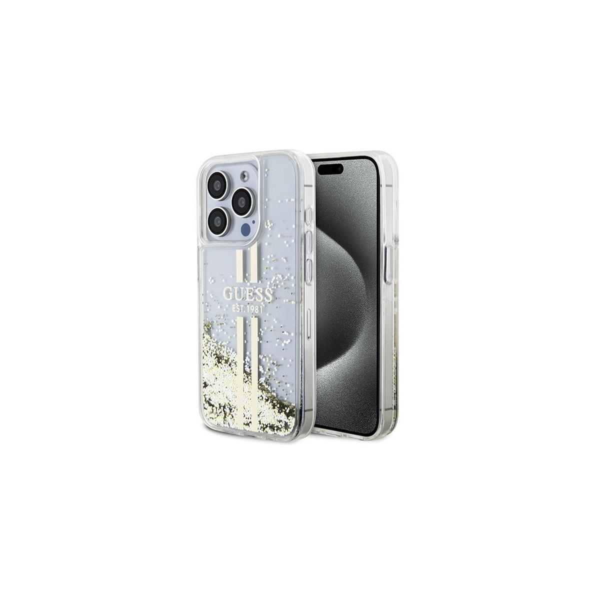 GUESS futerał do IPHONE 15 Pro GUHCP15LLFCSEGT (Liquid Glitter Gold Stripes) transparentny