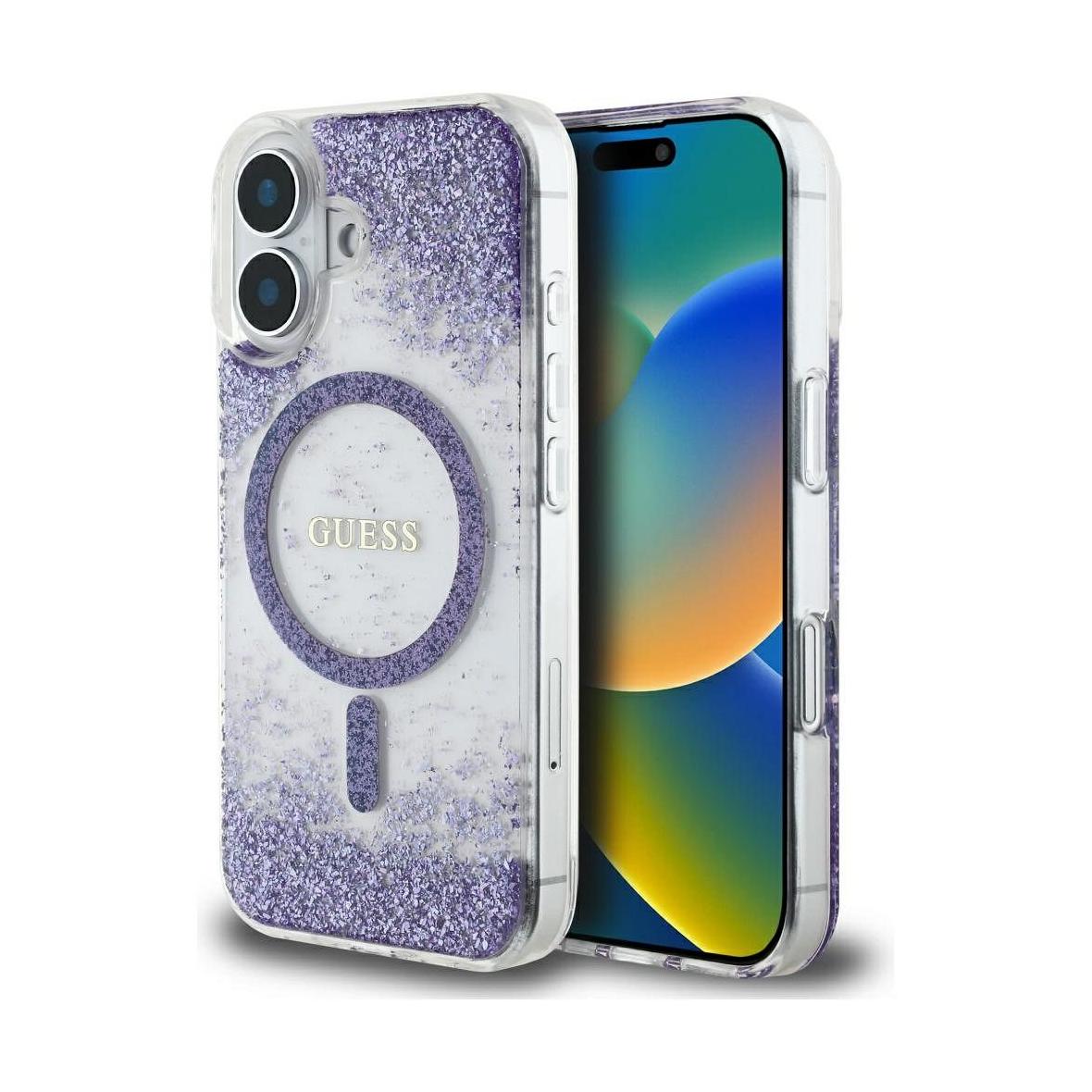 GUESS futerał do IPHONE 16 kompatybilny z MagSafe GUHMP16SRGRGEU (Resin Bottom Glitter) fioletowy
