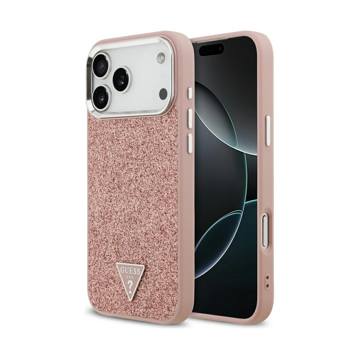GUESS futerał do IPHONE 17 Pro Max kompatybilny z MagSafe GUHMP17XPFGTSCMP (PU Glitter W/ Triangle Logo) różowy