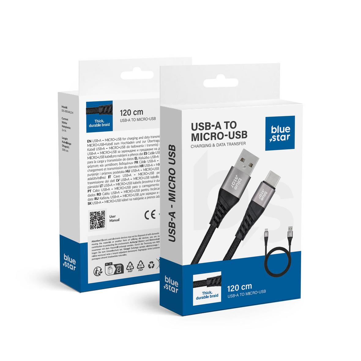 Kabel USB A do Micro USB Blue Star 2A z oplotem 1,2 m TFK-DC-003 czarny