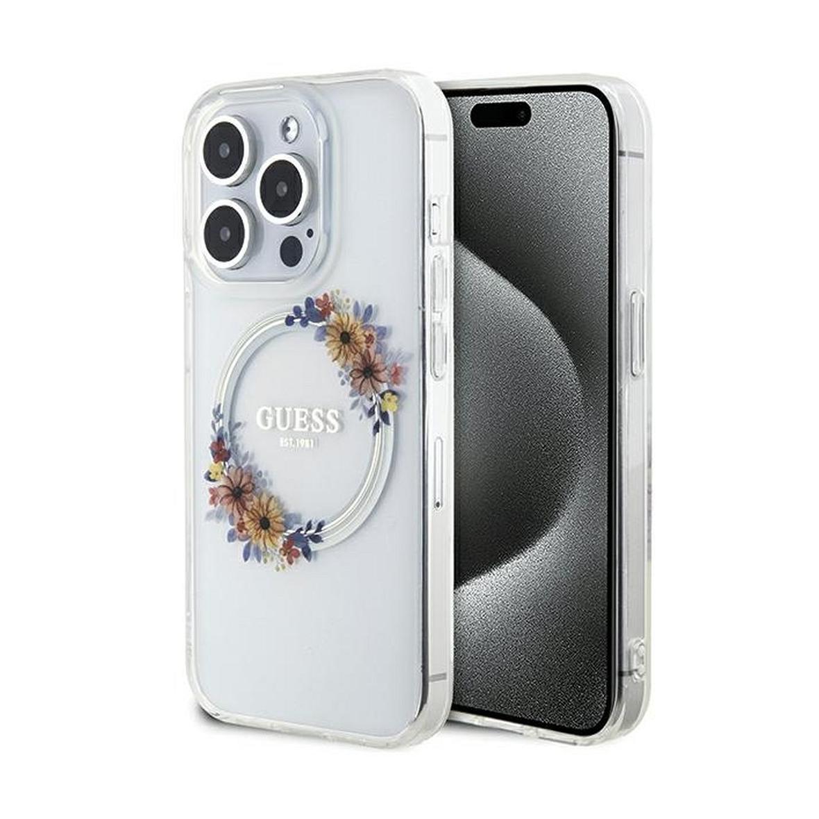 GUESS futerał do IPHONE 15 Pro kompatybilny z MagSafe GUHMP15LHFWFCT (Flowers Wreath) transparentny