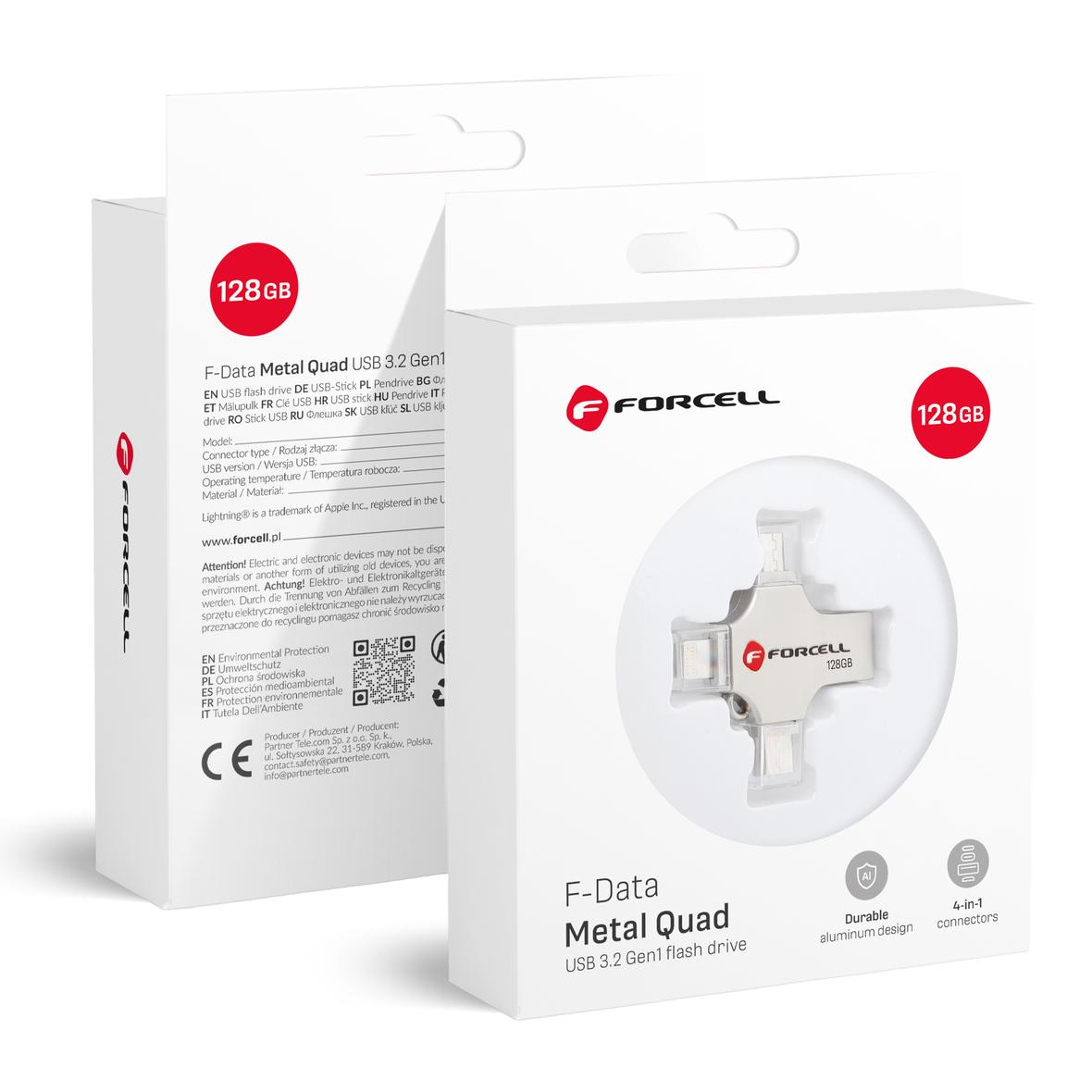Pendrive 128GB USB 3.2 Gen 1 (USB A / USB C / Lightning / Micro USB) Forcell F-Data Metal Quad srebrny