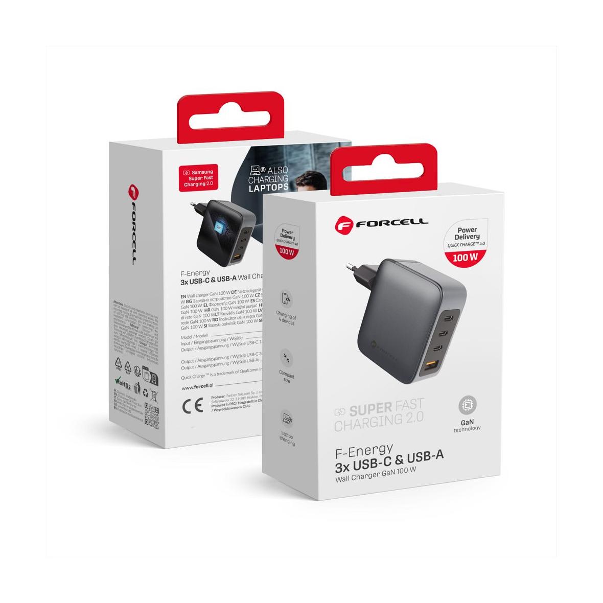 Ładowarka sieciowa do telefonu Forcell F-Energy GaN 3 x USB C + USB A QC4.0 PD 5A 100W VT-46 szara