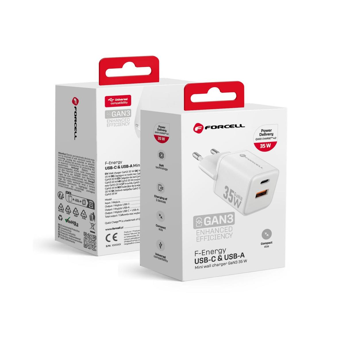 Ładowarka sieciowa do telefonu Forcell F-Energy Mini GaN III USB C + USB A QC4.0 PD 35W VT-35C biała 0INT