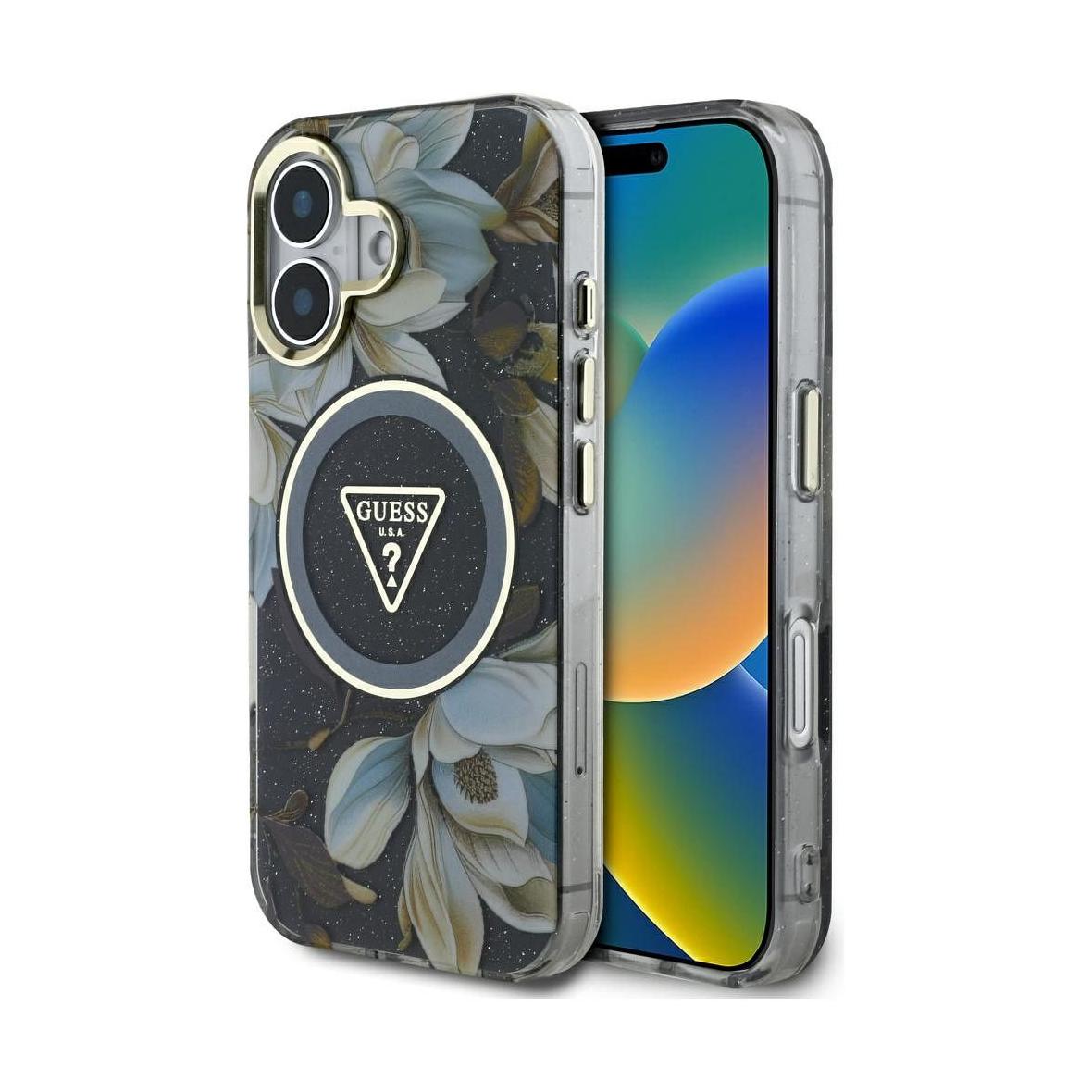 GUESS futerał do IPHONE 16 kompatybyliny z MagSafe GUHMP16SHFLPEDK (IML Metal Glitter Flowers Triangle) czarny