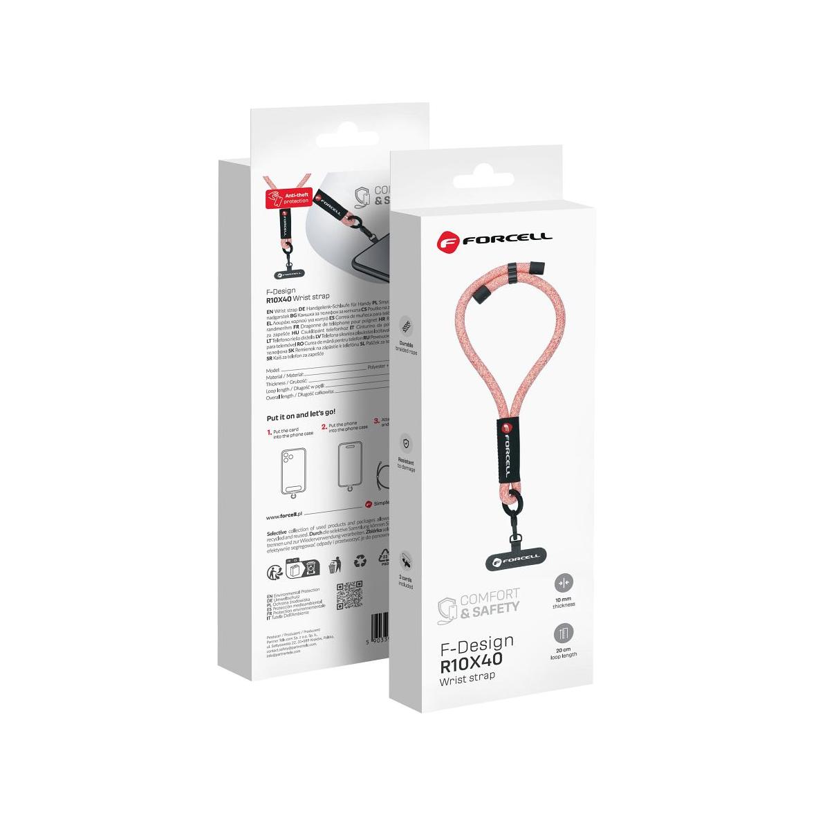Smycz do telefonu na nadgarstek z regulacją długości Forcell F-Design R10X40 (max 20cm w pętli) różowo biała