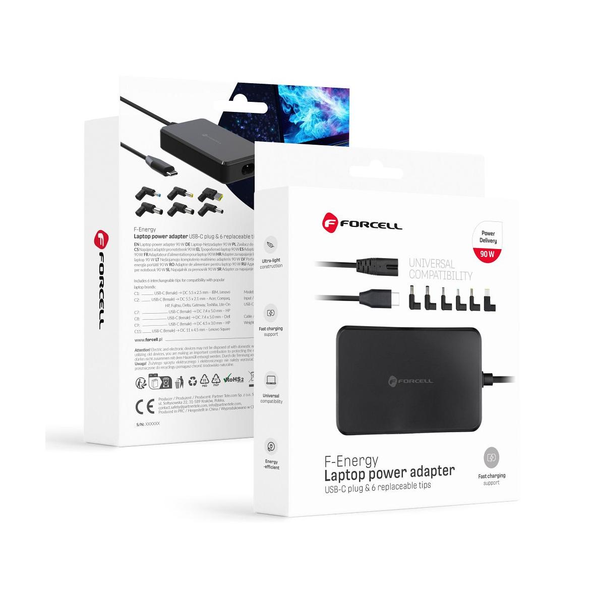 Uniwersalny zasilacz do laptopa 90W Forcell F-Energy USB C + 6 końcówek E856 czarny