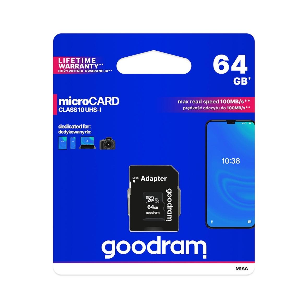GOODRAM karta pamięci microSD 64GB 100MB/s class 10 UHS I z adapterem SD
