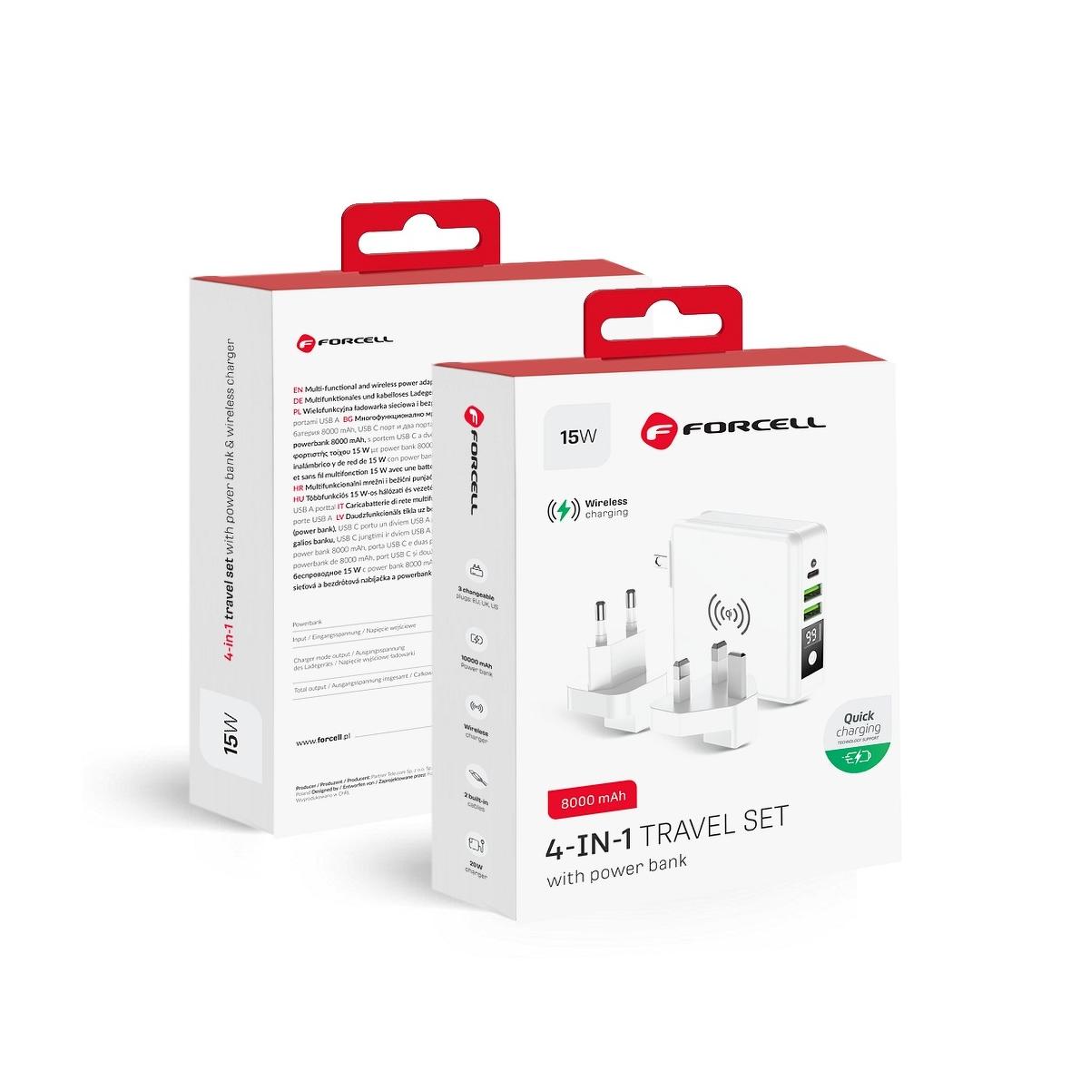 Wielofunkcyjna ładowarka Forcell F-Energy 4w1 2 x USB A + USB C 15W + power bank 8000mAh + ładowanie bezprzewodowe biała