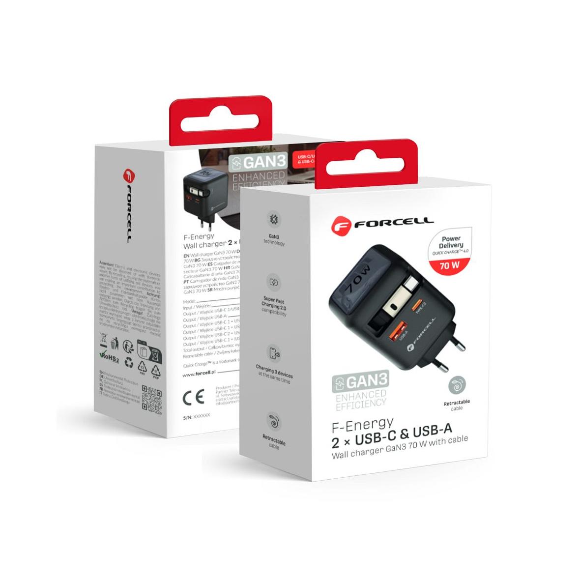 Ładowarka sieciowa do telefonu Forcell F-Energy GaN USB C + USB A + zwijany kabel USB C PD QC4.0 3A 70W VT-R7 szara