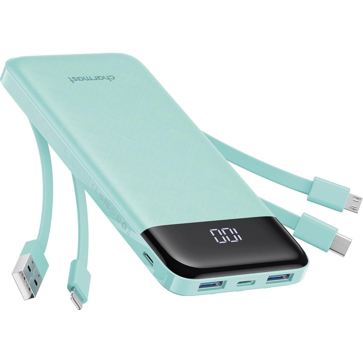 Powerbank 5V 3A 10000 mAh z wbudowanymi kablami USB A / USB C / Lightning / Micro USB Charmast W1148 zielony OINT
