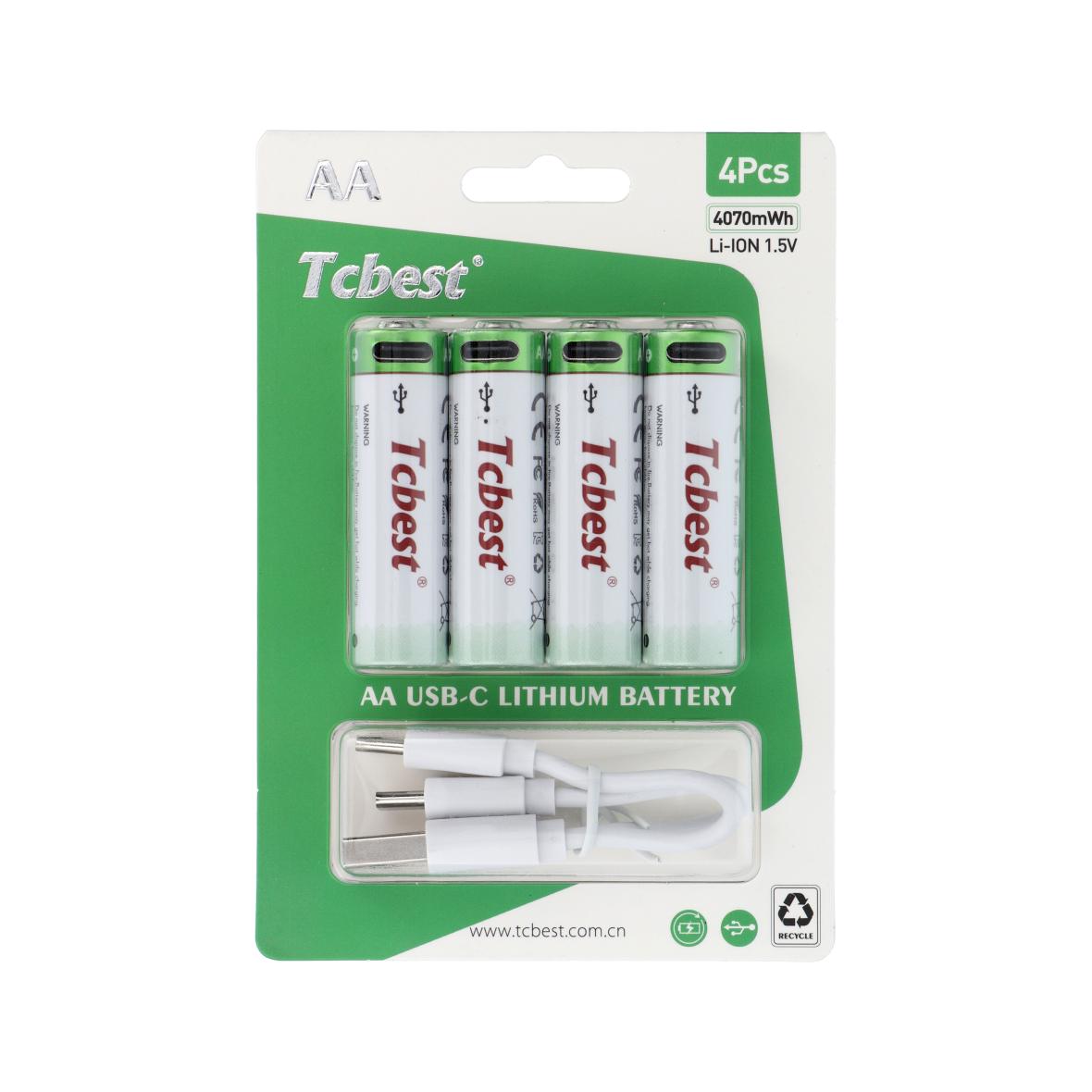TCBEST bateria akumulatorowa R6 (AA) 2713 mAh z gniazdem Typ C + kabel USB A do 4 x Typ C 4 szt