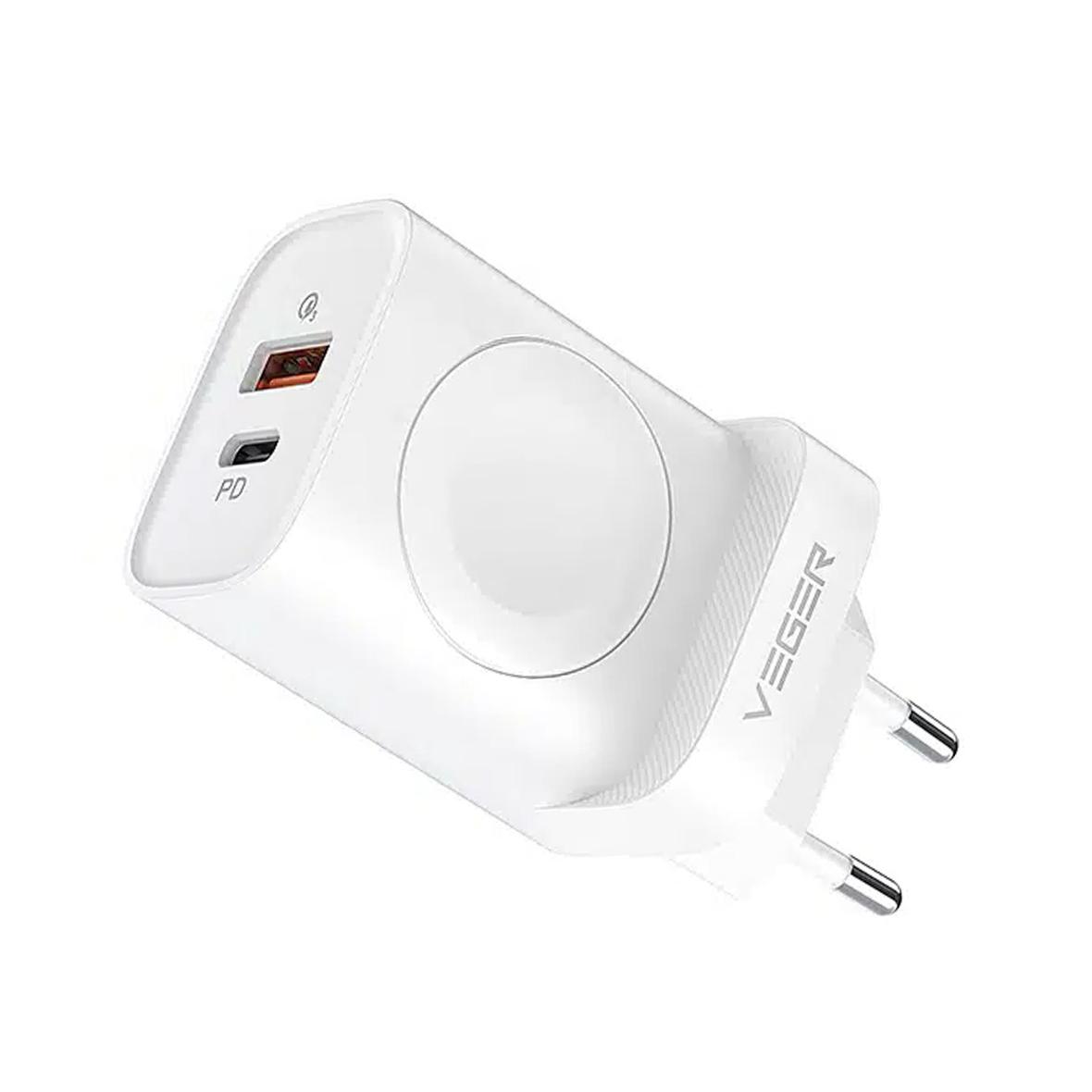 Ładowarka sieciowa do telefonu VEGER USB A + Typ C + ładowarka indukcyjna kompatybilna z Apple Watch PD QC3.0 3A 25W W002E biała