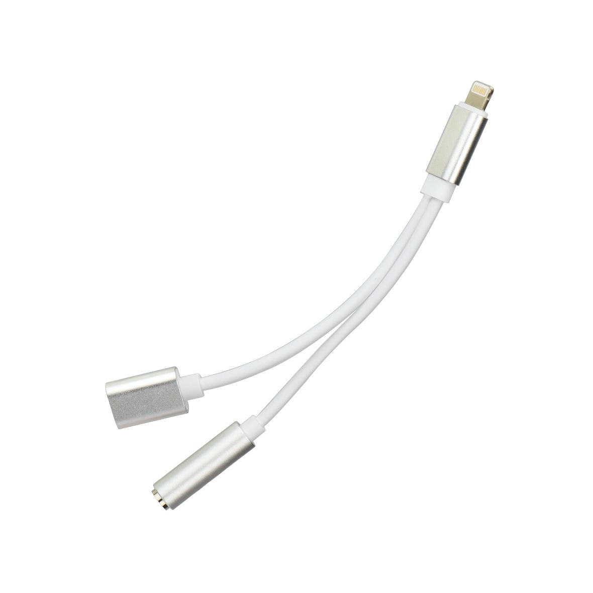 Adapter AUX 2w1 Lightning (męski) do Lightning (żeński) / Jack 3,5 mm (żeński) srebrny