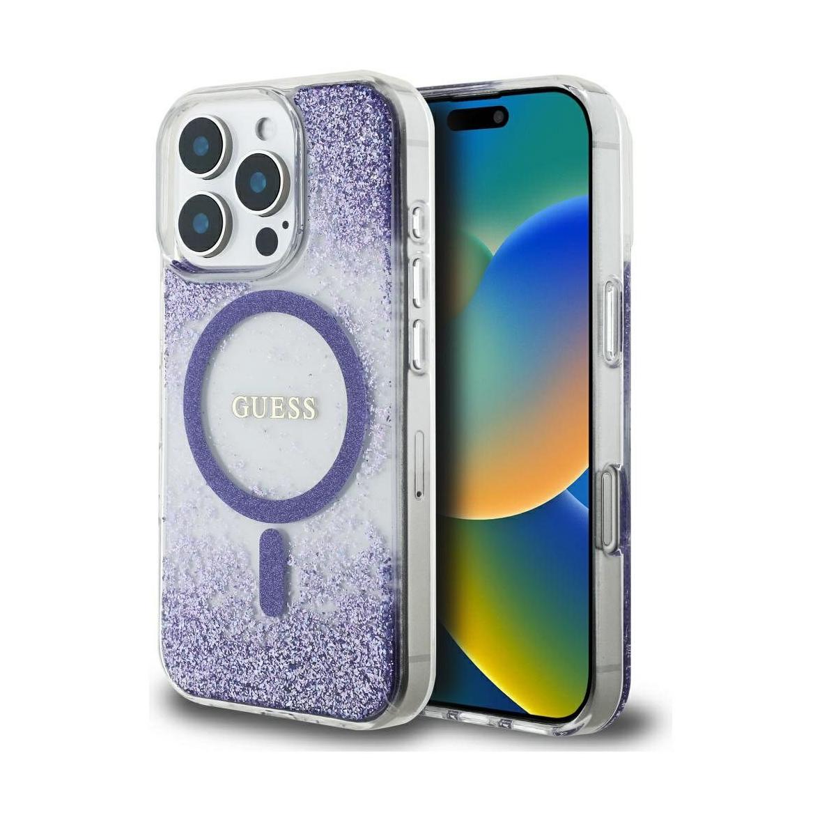 GUESS futerał do IPHONE 16 Pro Max kompatybilny z MagSafe GUHMP16XRGRGEU (Resin Bottom Glitter) fioletowy