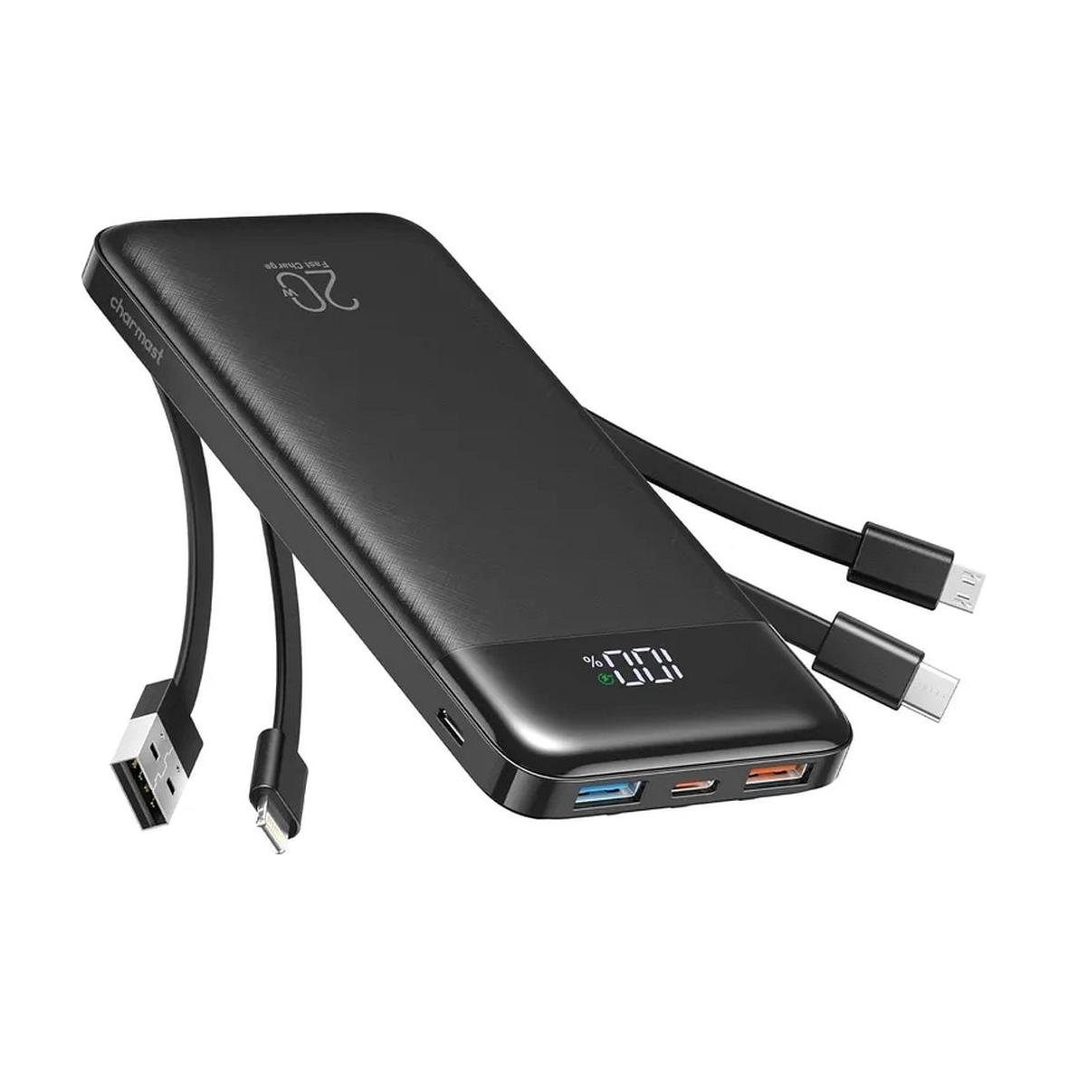 Powerbank 5V 3A 10000 mAh z wbudowanymi kablami USB A / USB C / Lightning / Micro USB Charmast W1148 czarny OINT